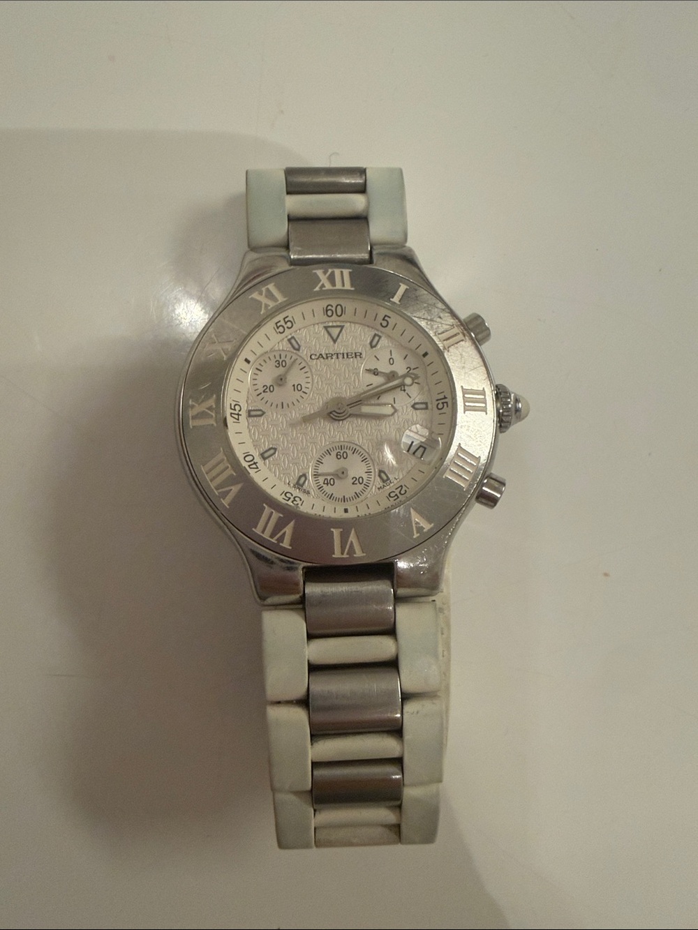 Cartier Men’s Silver and White Stainless Steel Chronograph Watch